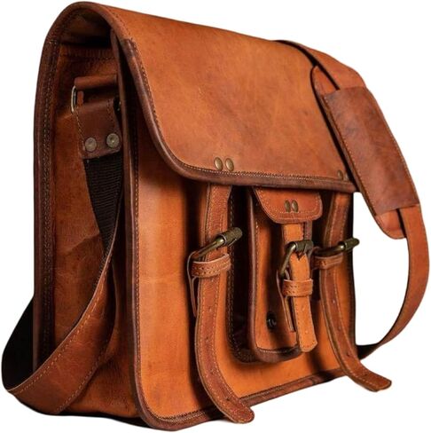 Vintage Leather Messenger Bag, 12-inch Satchel with Multiple Compartments, Brass Buckles, Tan in Saudi Arabia