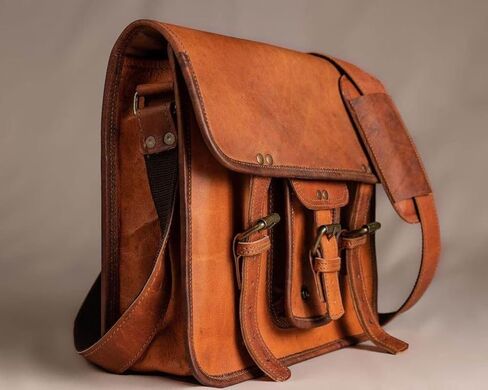Vintage Leather Messenger Bag, 12-inch Satchel with Multiple Compartments, Brass Buckles, Tan in Saudi Arabia