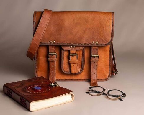 Vintage Leather Messenger Bag, 12-inch Satchel with Multiple Compartments, Brass Buckles, Tan in Saudi Arabia