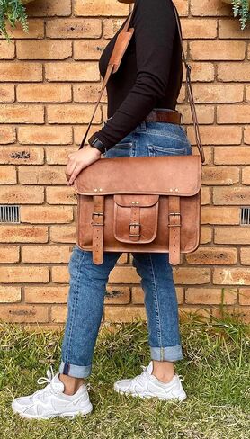 Vintage Leather Messenger Bag, 12-inch Satchel with Multiple Compartments, Brass Buckles, Tan in Saudi Arabia