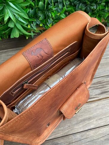 Vintage Leather Messenger Bag, 12-inch Satchel with Multiple Compartments, Brass Buckles, Tan in Saudi Arabia