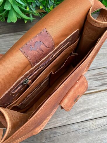 Vintage Leather Messenger Bag, 12-inch Satchel with Multiple Compartments, Brass Buckles, Tan in Saudi Arabia