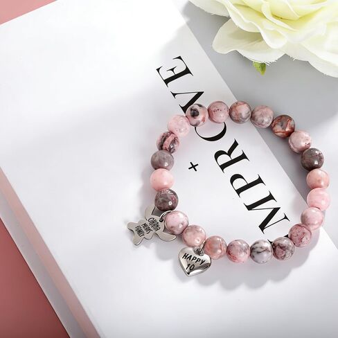 Pendant Bracelet, Stitch Bracelet Pink Pearl with Heart Charm, Girls Birthday Gifts with Birthday Card for Sister Daughter Granddaughter Niece, Stone Jewelry Gift for Christmas in Saudi Arabia