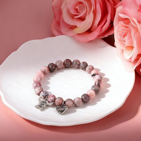 Pendant Bracelet, Stitch Bracelet Pink Pearl with Heart Charm, Girls Birthday Gifts with Birthday Card for Sister Daughter Granddaughter Niece, Stone Jewelry Gift for Christmas in Saudi Arabia