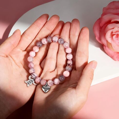 Pendant Bracelet, Stitch Bracelet Pink Pearl with Heart Charm, Girls Birthday Gifts with Birthday Card for Sister Daughter Granddaughter Niece, Stone Jewelry Gift for Christmas in Saudi Arabia