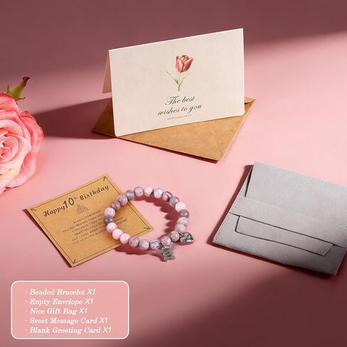 Pendant Bracelet, Stitch Bracelet Pink Pearl with Heart Charm, Girls Birthday Gifts with Birthday Card for Sister Daughter Granddaughter Niece, Stone Jewelry Gift for Christmas in Saudi Arabia