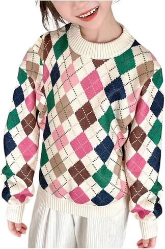 Girl's Colorful Argyle Sweater Crew Neck Pullover Sweaters Cute Jumpers in Saudi Arabia