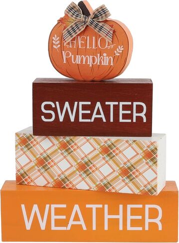 Fall Thanksgiving Home Wooden Tray Decor Signs, Book Stack and 3D Round Signs with Fake Plants, Fall Thanksgiving Wooden Rustic Decor for Restroom Shelf Guest in Kuwait