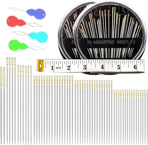 34Pack Premium Sewing Needles for Hand Sewing Repair, 6 Sizes Assorted Needles 1 Measuring Tape,with 2 Threaders, Sewing Needles for Handsewing, Large Eye Stitching Needles in Kuwait