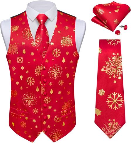 DiBanGu Men's Red Christmas Suit Vest and Tie with Silver Xmas Pattern Waistcoats and Necktie Set for Prom Party XL in Kuwait