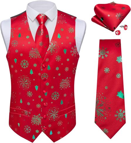 DiBanGu Men's Red Christmas Suit Vest and Tie with Silver Xmas Pattern Waistcoats and Necktie Set for Prom Party XL in Saudi Arabia