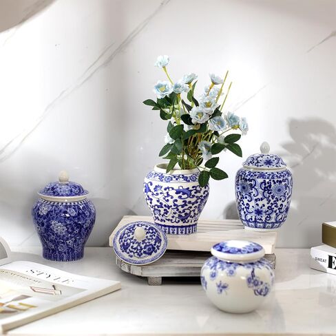 Hushee Set of 4 Blue and White Vase Chinoiserie Ginger Jar Vase Porcelain Blue Flower Vase 2 Size Ceramic Ginger Jars with Lid for Home Bedroom Living Room Console Tabletop Decor in Kuwait