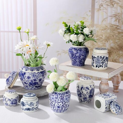 Hushee Set of 4 Blue and White Vase Chinoiserie Ginger Jar Vase Porcelain Blue Flower Vase 2 Size Ceramic Ginger Jars with Lid for Home Bedroom Living Room Console Tabletop Decor in Kuwait