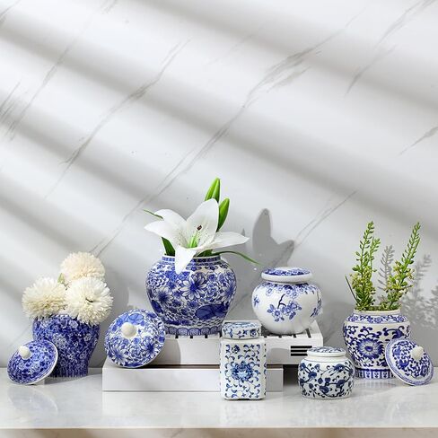 Hushee Set of 4 Blue and White Vase Chinoiserie Ginger Jar Vase Porcelain Blue Flower Vase 2 Size Ceramic Ginger Jars with Lid for Home Bedroom Living Room Console Tabletop Decor in Kuwait