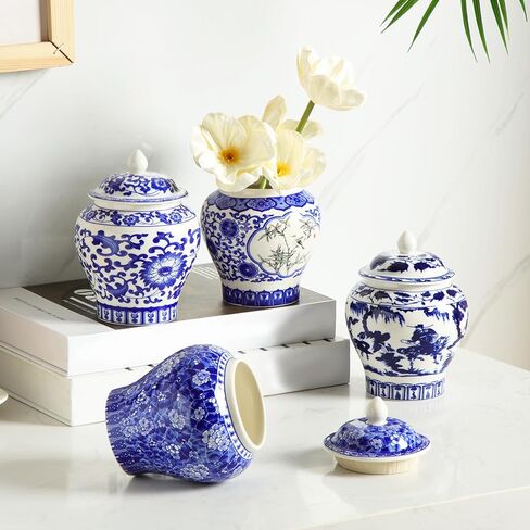 Hushee Set of 4 Blue and White Vase Chinoiserie Ginger Jar Vase Porcelain Blue Flower Vase 2 Size Ceramic Ginger Jars with Lid for Home Bedroom Living Room Console Tabletop Decor in Kuwait