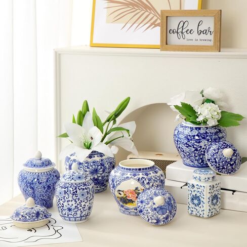 Hushee Set of 4 Blue and White Vase Chinoiserie Ginger Jar Vase Porcelain Blue Flower Vase 2 Size Ceramic Ginger Jars with Lid for Home Bedroom Living Room Console Tabletop Decor in Kuwait