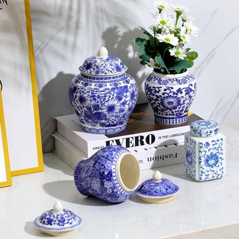 Hushee Set of 4 Blue and White Vase Chinoiserie Ginger Jar Vase Porcelain Blue Flower Vase 2 Size Ceramic Ginger Jars with Lid for Home Bedroom Living Room Console Tabletop Decor in Kuwait
