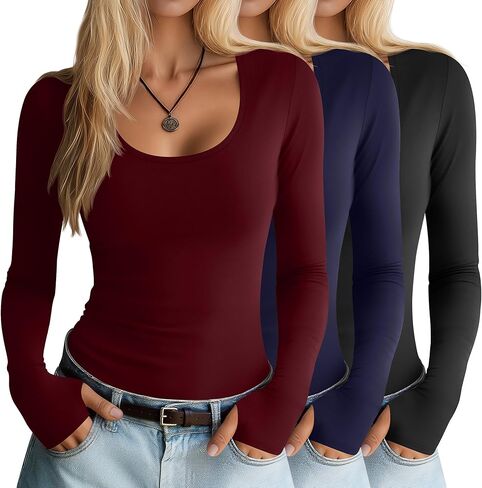 Neer 3 Pack Women's Long Sleeve Shirts with Thumb Holes, Scoop Neck Slim Fit Undershirts Casual Workout Yoga Basic Tee Tops in Saudi Arabia