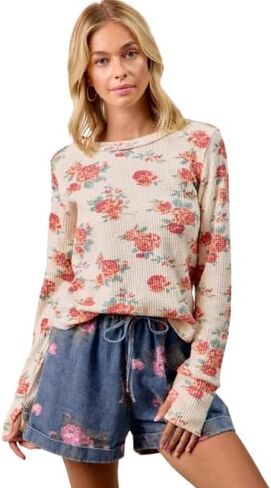 Floral Print Washed Waffle Thermal Top with Thumb in Saudi Arabia