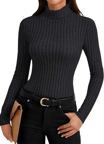 Women's Turtleneck Long Sleeve Pleated Fitted Fleece Ribbed Knit Thermal Undershirts Tee in Saudi Arabia