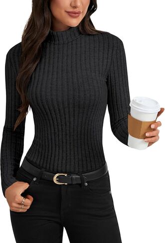 Women's Turtleneck Long Sleeve Pleated Fitted Fleece Ribbed Knit Thermal Undershirts Tee in Saudi Arabia