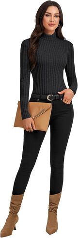 Women's Turtleneck Long Sleeve Pleated Fitted Fleece Ribbed Knit Thermal Undershirts Tee in Saudi Arabia