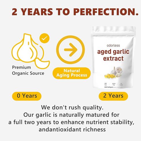 Aged Garlic Extract 7500mg – Organic 2-Year Matured Aged Garlic Capsules for Heart & Immune Support, Non-GMO Odorless Garlic Supplement, 300 Softgels, 1 Pack in Saudi Arabia