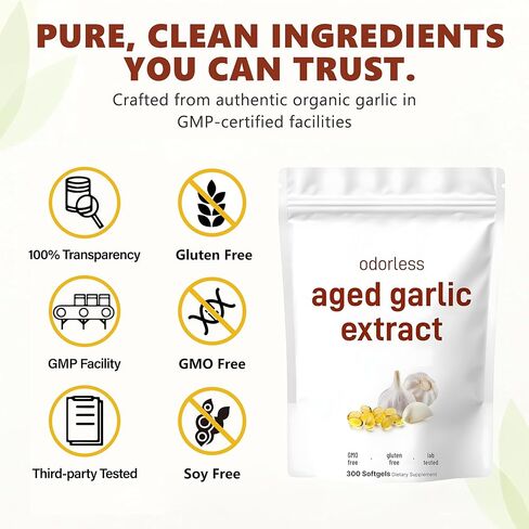 Aged Garlic Extract 7500mg – Organic 2-Year Matured Aged Garlic Capsules for Heart & Immune Support, Non-GMO Odorless Garlic Supplement, 300 Softgels, 1 Pack in Saudi Arabia