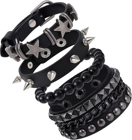 4PCS Emo Bracelets, Leather Cuff Punk Spiked Bracelet Set for Men Women 80s Emo Goth Christmas Halloween Costumes in Saudi Arabia
