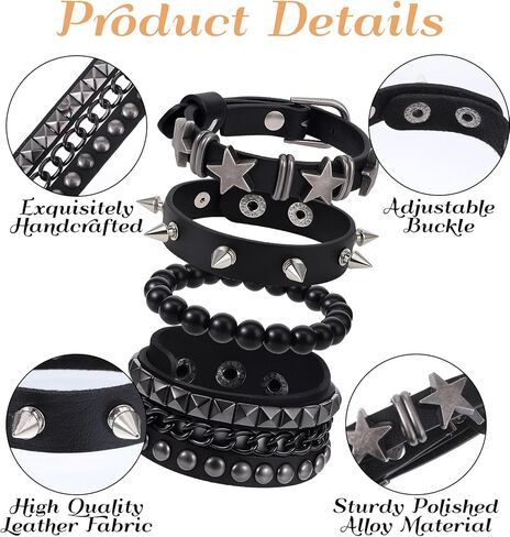 4PCS Emo Bracelets, Leather Cuff Punk Spiked Bracelet Set for Men Women 80s Emo Goth Christmas Halloween Costumes in Saudi Arabia