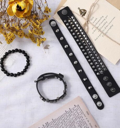 4PCS Emo Bracelets, Leather Cuff Punk Spiked Bracelet Set for Men Women 80s Emo Goth Christmas Halloween Costumes in Saudi Arabia