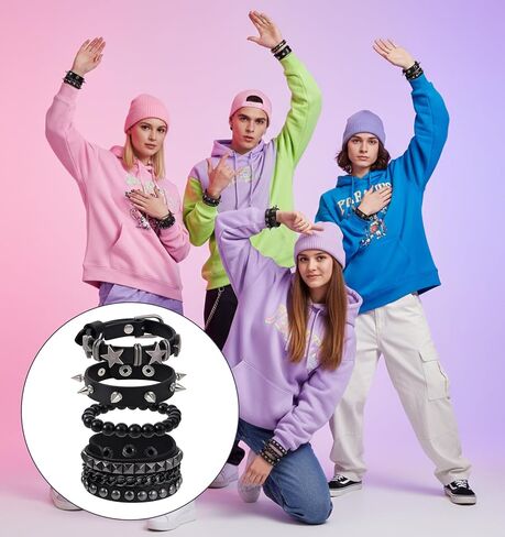 4PCS Emo Bracelets, Leather Cuff Punk Spiked Bracelet Set for Men Women 80s Emo Goth Christmas Halloween Costumes in Saudi Arabia