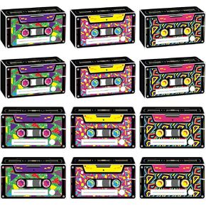 Funrous 24 Pcs 80s90s Favor Boxes Retro Radio Gift Back to the 1980 Candy Cassette Tape Goodie Gable Boxes 80s90s Paper Present for Retro Boom Hip Hop Theme Birthday Party