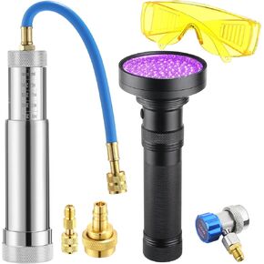 Tellegloww A/C Oil Dye Injector Kit, Backflow Prevent with Low Side Adjustable Coupler and Oil Checkers and UV Light and UV Protective Glasses for R134A R22 R12 R1234YF Refrigerant System