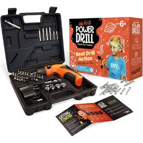 My First Power Drill Set - Real Cordless Drill for Boys and Girls - Lightweight, LED Light, Child Size Kit, Carrying Case, Includes Bits, Charger, 5 Year Warranty