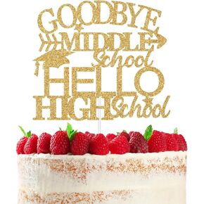 RLXPT Goodbye Middle Hello High School Cake Topper، Next Stop High School Out الصف الخامس مرحبا 8 الصف زينة الكعكة، فئة لامعة من 2024 ديكورات حفلات التخرج