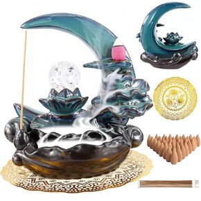 XINGZUAN Moon Backflow Incense Burner,Ceramic Incense Waterfall Burners, Incense Waterfall Fountain Holders,Incense Stick Holder with 60 Backflow Incense Cones and 40 Incense Sticks