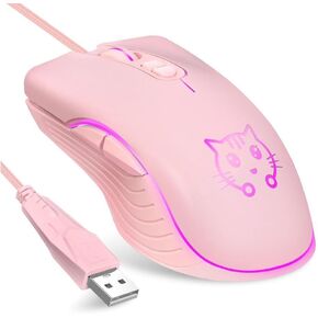 CORN Gaming Wired USB Mouse, 2400DPI 4 Adjustable Levels, Ergonomic Slient Mouse for PC/Desktop/Laptop - Pink Cat