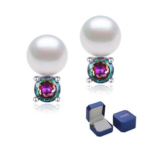 BAMIKI Black Pearl Studs Earrings for Women, Created Emerald Round Zircon Earrings 925 Sterling Silver Pearl Earrings, 8-8.5MM Freshwater Cultured Pearls, Ladies Jewelry Fashion Earrings, Green