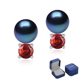 BAMIKI Black Pearl Studs Earrings for Women, Created Emerald Round Zircon Earrings 925 Sterling Silver Pearl Earrings, 8-8.5MM Freshwater Cultured Pearls, Ladies Jewelry Fashion Earrings, Green