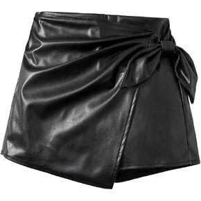 OYOANGLE Girl's Pu Leather Knot Side Wrap Ruched Elastic Waist Solid Casual Skorts in Saudi Arabia