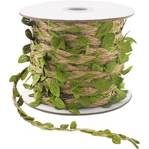 Natural Jute Twine, 66 Feet 5mm Burlap Leaf Ribbon, Braided Decoration Vine with Artificial Green Leaves for Jungle Safari Themed Party Birthday Wedding Garden Home Decor(1 Roll)