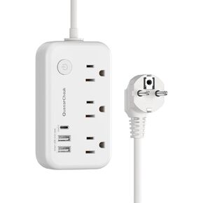 European Travel Plug Adapter, US to Europe Plug Adapter with 3 AC Outlets and 3 USB, Type E/F - International Power Strip for USA to Europe EU Germany France Iceland Greece Spain, 4ft, White