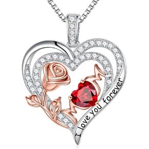 IEFUP Mothers Day Gifts for Mom- S925 Sterling Silver Heart Rose Birthstone Necklace for Women Mom I Love You Forever Heart Necklace Jewelry Birthday Mothers Day Gifts for Mom from Daughter