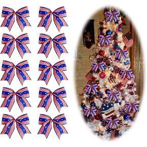 Hying 10 Pieces 4th of July Patriotic Bows for Wreath, Memorial Day Wreath Bows Red Blue Burlap Bows July 4th American Stars Craft Bows for Front Door Independence Day Decorations Supplies