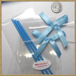 Cake pop sticks clear bags colorful ribbon bows (green)