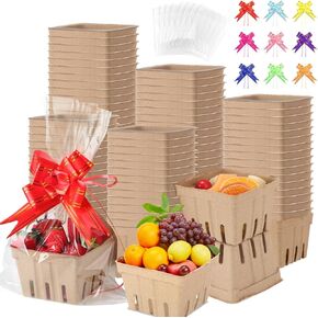 Yaomiao 100 Pcs Natural Pulp Fiber Berry Basket with 100 Clear Plastic Bag 100 Colorful Pull Bow Farmers Market Harvest Basket Small Berry Containers Produce Basket for Kitchen Birthday Gift Wrapping