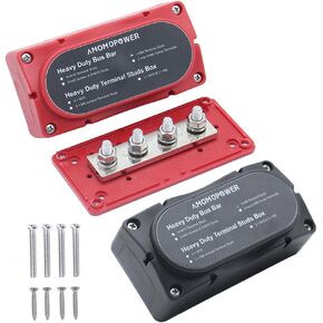 2Pcs 300A Busbar 12-48V DC Heavy Duty Copper Power Distribution Block 4 X M8 (5/16") Terminals Studs 8 Srews with Waterproof Cover Battery Bus Bar for Automotive RV Marine Truck(Black&Red) in Saudi Arabia