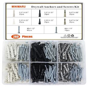 Dry Wall Anchors and Screws Kit, 260PCS Zinc Metal & Nylon Plastic Assortment Drywall Anchors and Screws Kit, Self Drilling Wall Anchors and Screws for Drywall, Sheetrock, Hollow Door, Plaster Wall