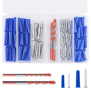 Concrete Wall Anchors and Screws Assortment Kit,100PCs Masonry Anchors and100 Concrete Screws in Two Size with 2 Drill Bits, 8 and #10 Wall Anchors and Screws for Concrete Stucco Masonry Brick Wall
